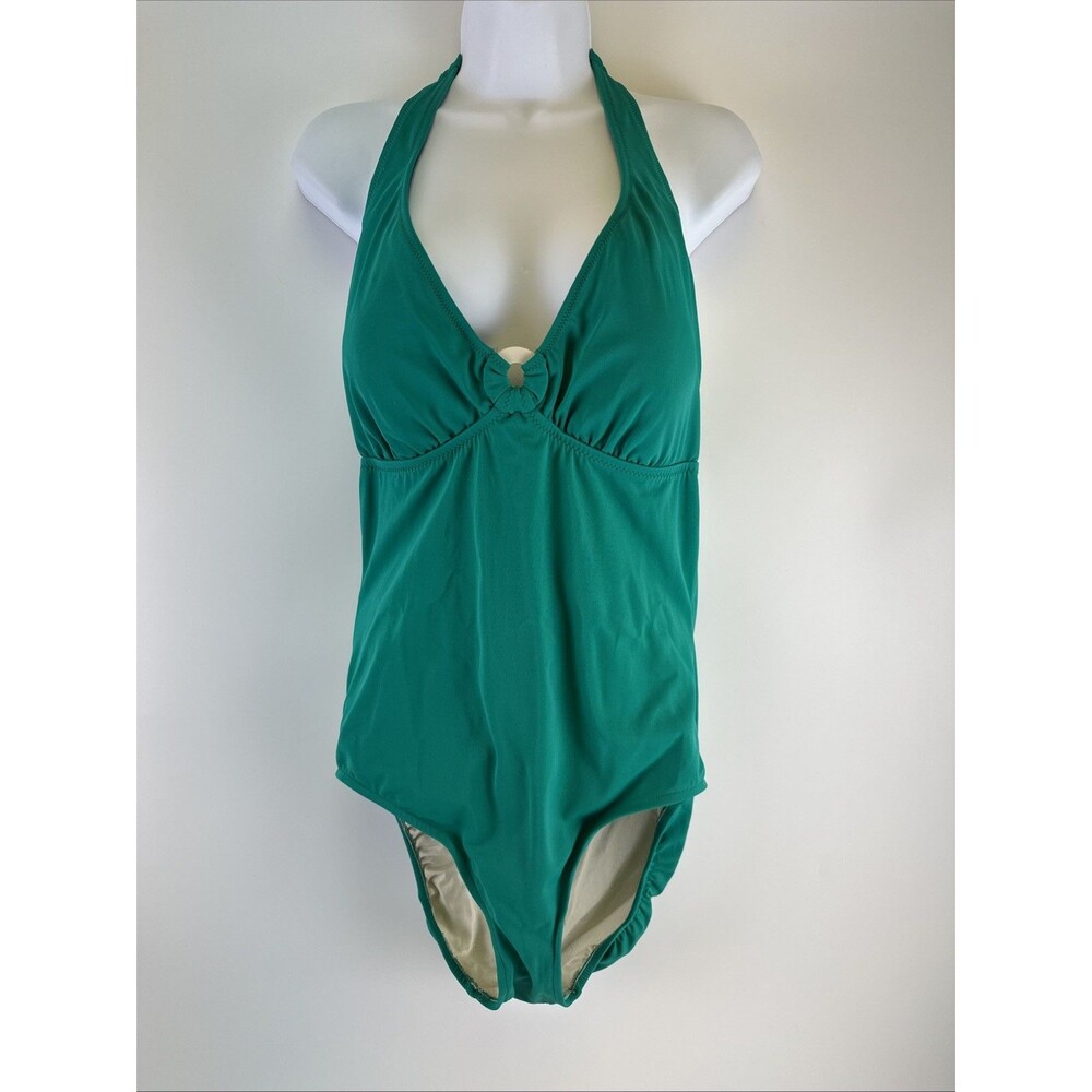 Lands End One Piece Swimsuit Green Halter Tie Neck Ring V-Neck Beach Plus 18